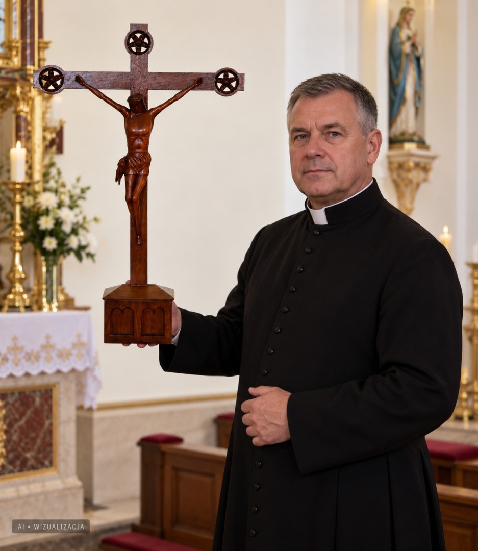 drewniany krucyfiks prezentowany przez duchownego na tle ołtarza w kościele